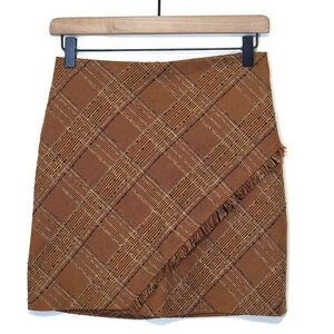 Free People Plaid Tweed Brown Mini Skirt Fringe Boho Preppy Fall Size 0